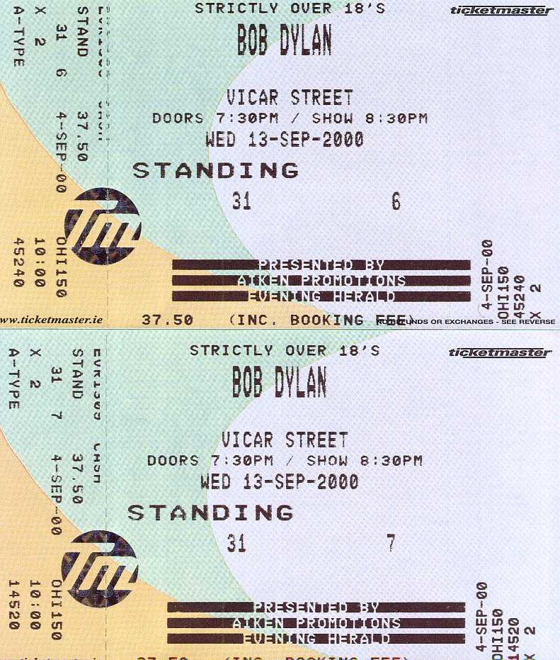 THESE ARE TWO OF THE SIXTEEN TICKETS SOLD IN CORK FOR BOB'S FIRST APPEARANCE IN THE REPUBLIC OF IRELAND SINCE 1995